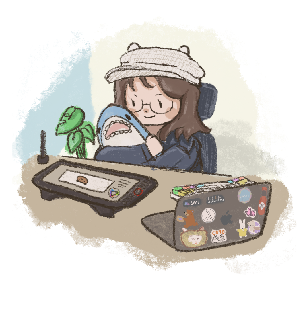 Illustration of Angela working at a desk with a drawing tablet, laptop, and plush dinosaur