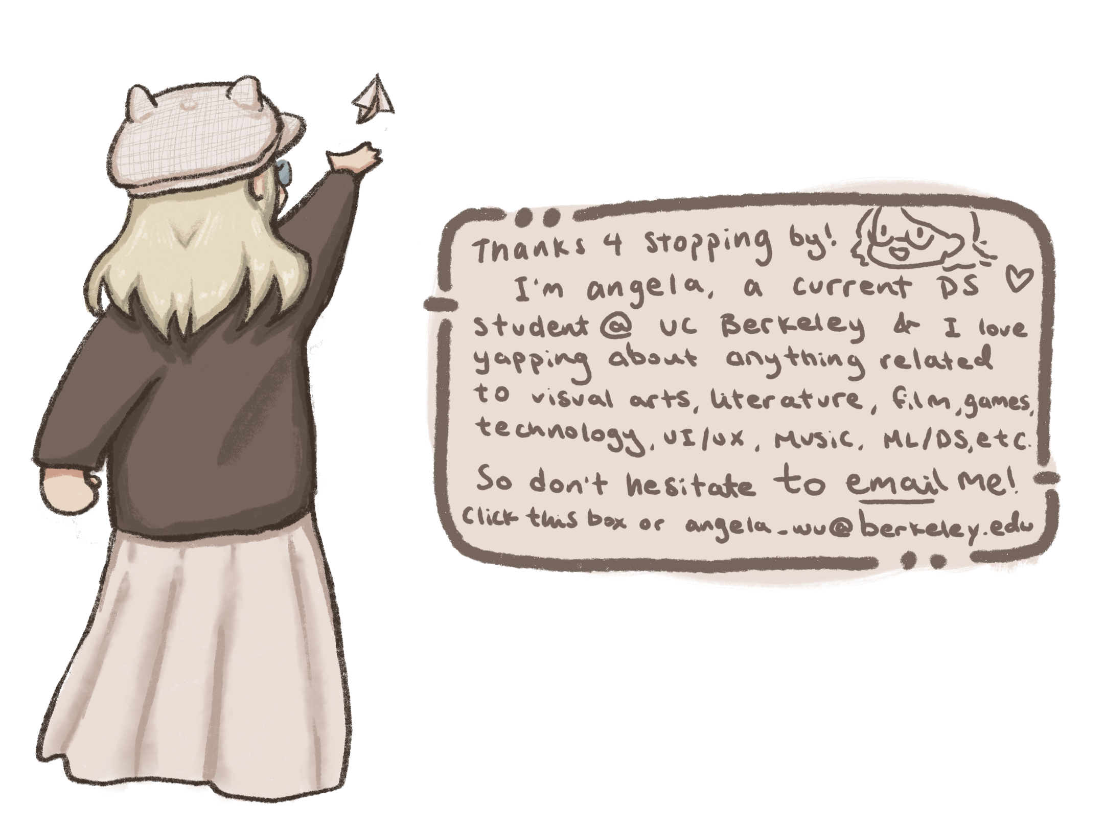 Hand-drawn note from Angela introducing herself and inviting visitors to email her